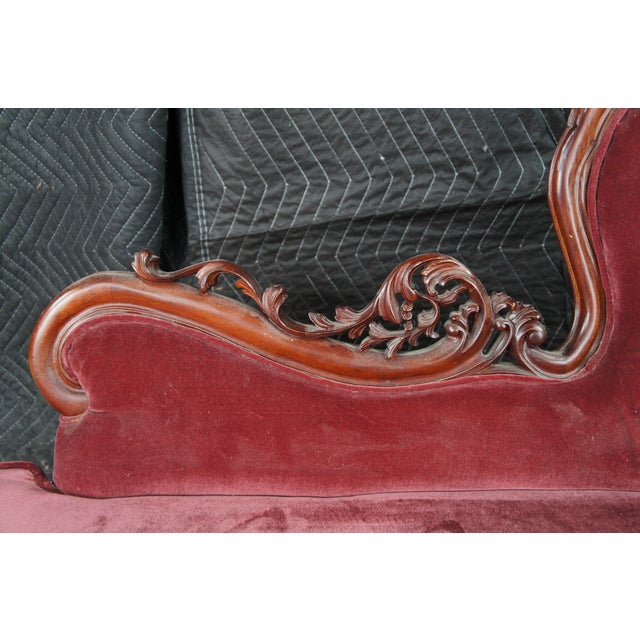 1970s Miniature Victorian Revival Red Velvet & Carved Mahogany Chaise Lounge Dog Bed For Sale - Image 4 of 13