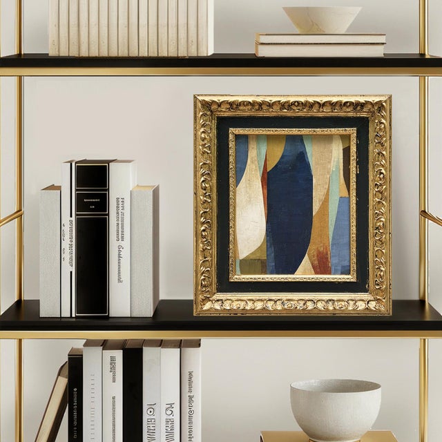 This is a new abstract oil painting in navy blue, beige and cream tones. The oil painting is done on a hardboard canvas...