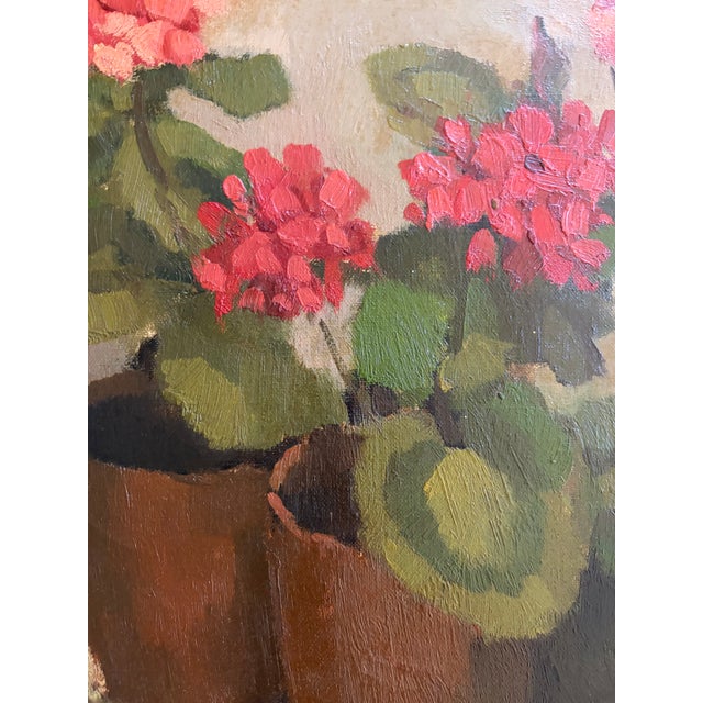 Modern Vintage Oil Painting of Geraniums in Pots For Sale - Image 3 of 10