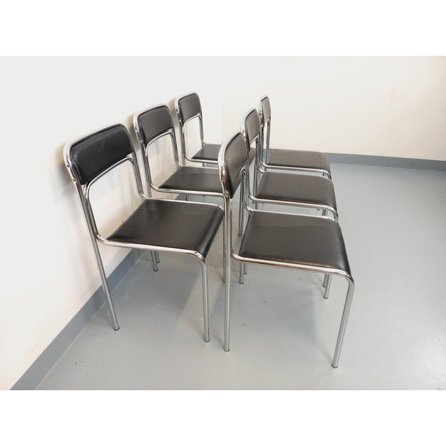 Vintage Italian Stackable Chairs in Chromed Metal and Black Imitation Leather, 1970s, Set of 6 For Sale - Image 16 of 18