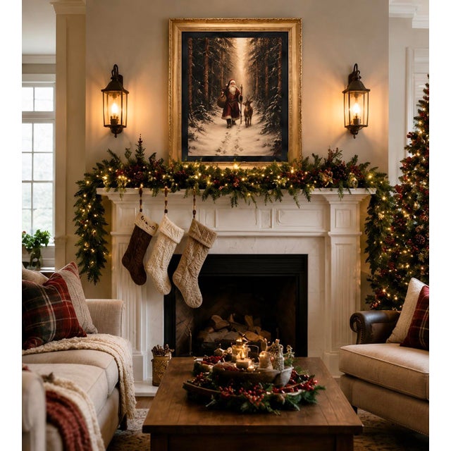 Gold Large Santa & Reindeer Christmas Canvas Print in Gilded Wood Frame, 36” For Sale - Image 8 of 11