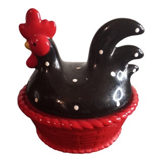 Vintage Red Polka Dot Ceramic Rooster on Nest For Sale