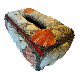 Vintage Handmade Seashell Encrusted Coastal Folk Art Tissue Box Cover With Red Velvet Lining For Sale