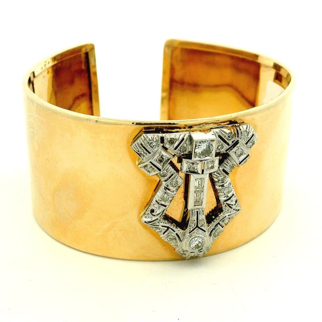 Art Deco 1930s Art Deco Diamond Platinum & 14k Gold Wide Marriage Cuff Bracelet For Sale - Image 3 of 15