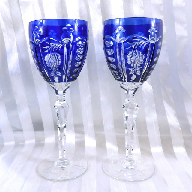 Traditional 1950s Blue Cut to Clear Stemware Glasses - Set of Eleven For Sale - Image 3 of 5