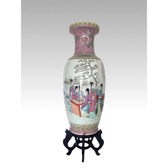 Ladies in the Summer Garden, Large Chinese Qianlong Famille Rose Baluster White Porcelain Floor Vase, Republic Period, Wood Stand For Sale - Image 4 of 11