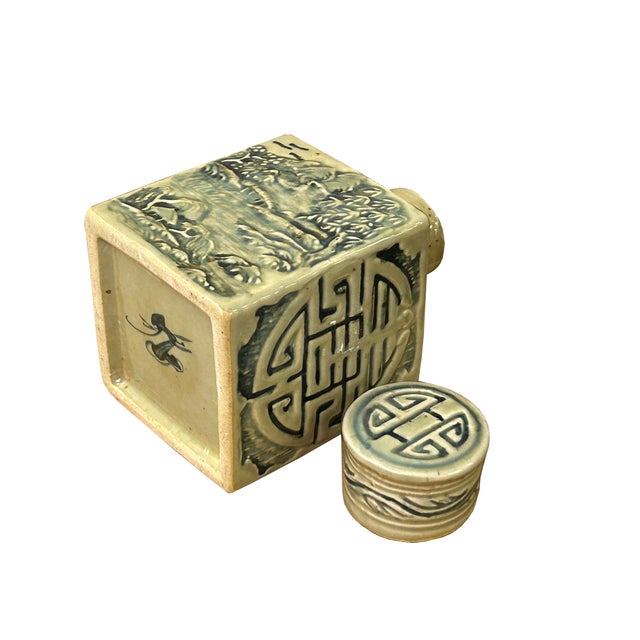 Asian Cream Celadon Porcelain Blue Flower Graphic Square Container For Sale - Image 3 of 10