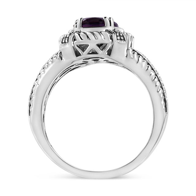 Contemporary .925 Sterling Silver Prong Set Natural Oval Shape 9X7 MM Purple Amethyst Solitaire and Diamond Accent Ring, Size 7 For Sale - Image 3 of 7