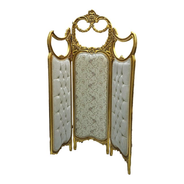 Paravan Room Divider With Gold Leaf Frame – Off White Folding Screen For Sale