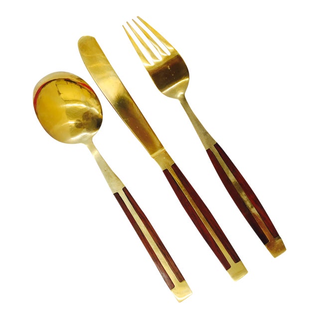 MidCentury Modern Wood & Brass Flatware Set Set of 18 Chairish