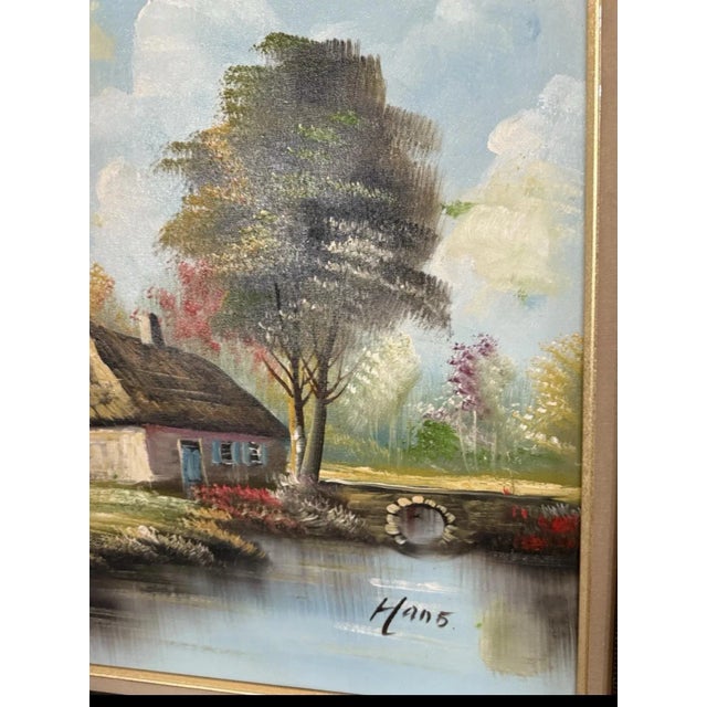 Late 20th Century Very Large Landscape With Cottage by River Signed Hans Oil on Canvas For Sale - Image 5 of 10