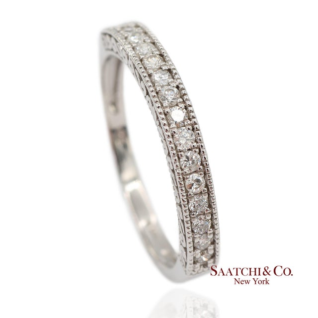 Silver 14k 585 Solid White Gold Side Engraving Milgrain Natural Diamond Band Ring, Size 6 For Sale - Image 8 of 13
