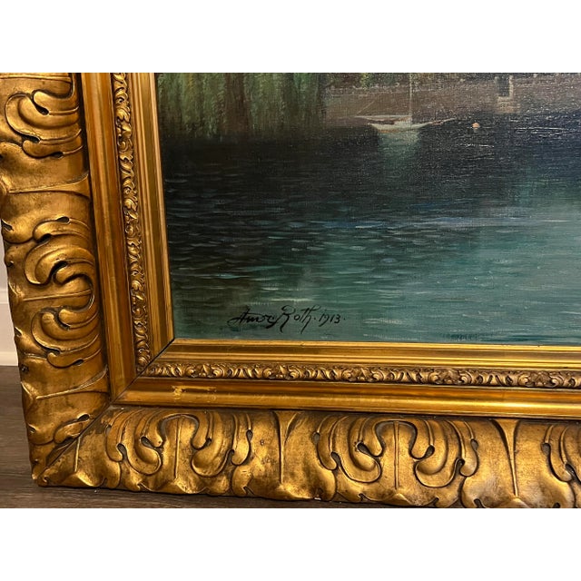 Monumental landscape painting of Lake Garda in Northern Italy by listed artist Edward Andreas Roth (1871-194), dated 1913....