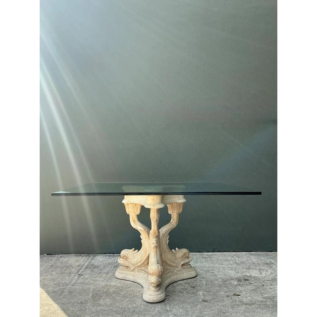 Off-white Vintage Plaster Dolphin Base Glass Dining Table For Sale - Image 8 of 12