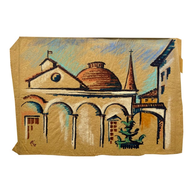 Henry Emil Salloch Original Watercolor on Paper Mediterranean Plaza and Church Tower, 1970. For Sale