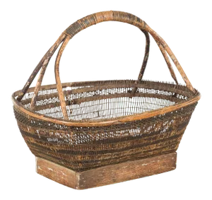 Chinese Rustic Vintage Woven Rattan Market Basket with Large Handle and Base