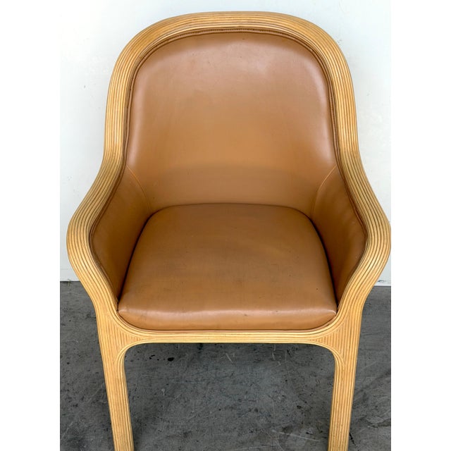 Mid 20th Century Pair of Karl Rausch for Baker "Linea Cara" Split-Reed Rattan & Leather Armchairs For Sale - Image 5 of 17
