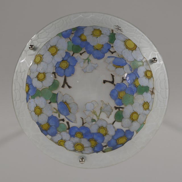 Loys Lucha French Art Deco Pendant Light 1930s - Blue White Floral Enameled Bowl For Sale - Image 6 of 13
