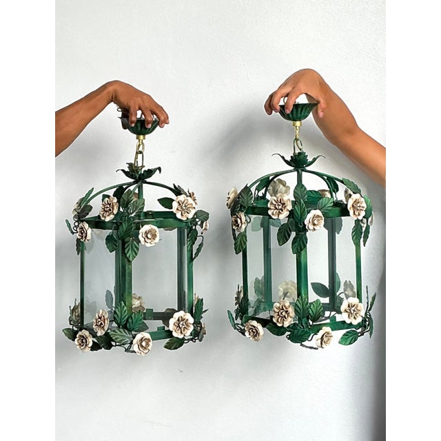 Metal Vintage Floral Tole Lantern For Sale - Image 7 of 12