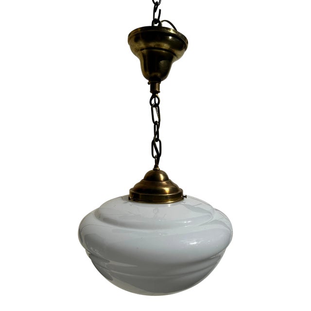 Vintage Schoolhouse Shade With Vintage Brass Fixture For Sale