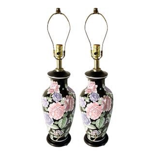 Vintage Chinoiserie-Style Floral Ceramic Table Lamps on Wood Bases - A Pair For Sale