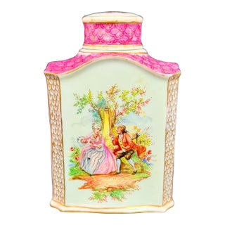 Antique Dresden Porcelain Tea Caddy | Hand Painted Romantic Scene Gold Gilt Germany For Sale