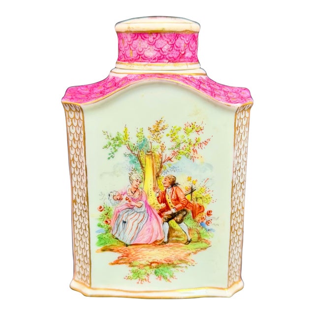 Antique Dresden Porcelain Tea Caddy | Hand Painted Romantic Scene Gold Gilt Germany For Sale