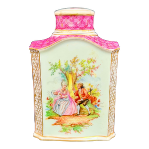 Antique Dresden Porcelain Tea Caddy | Hand Painted Romantic Scene Gold Gilt Germany