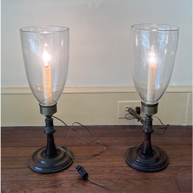 Georgian Style Mahogany & Brass Candlestick Lamps With Hurricane Shades - A Pair For Sale - Image 12 of 18