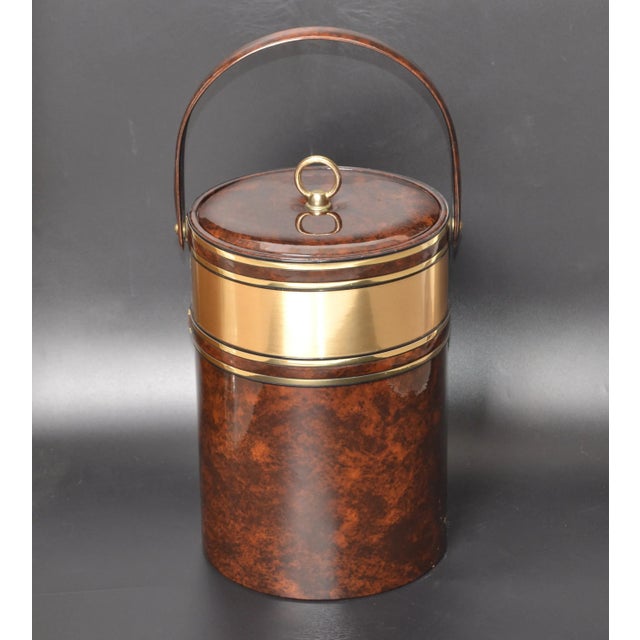Charming Morgan Bucket Brigade Ice Bucket Brass & Tortoise Pattern and white insulated plastic liner. Mid-Century Modern...