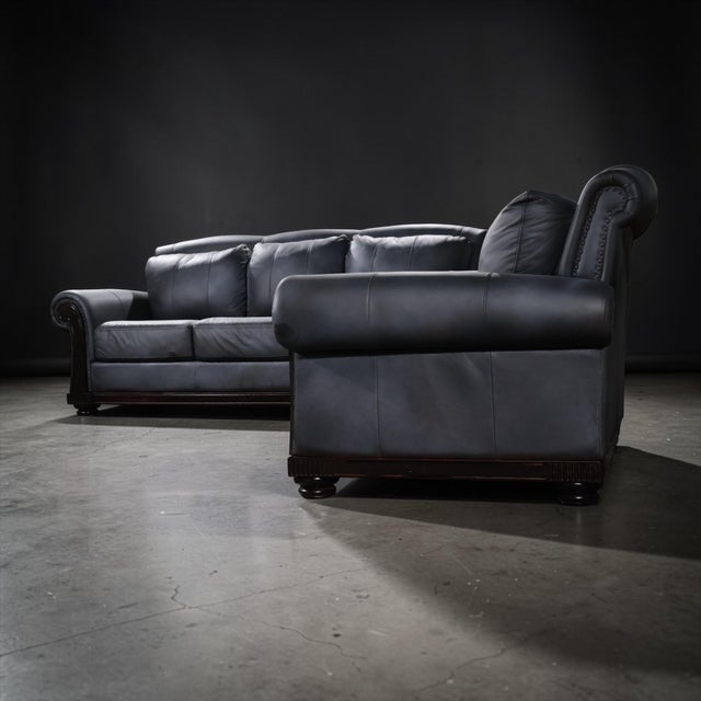 Charcoal Restored Dark Charcoal Leather Sofa & Club Chair Set – Classic Rolled Arm Design For Sale - Image 8 of 11