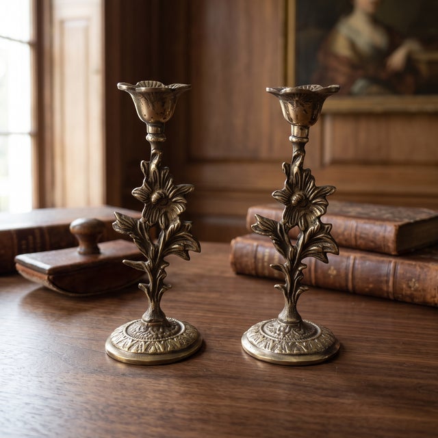 Handmade Antiqued Brass Floral Candlestick Pair For Sale In Los Angeles - Image 6 of 8