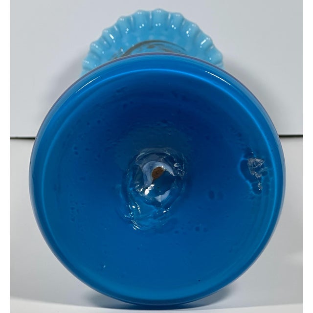 Blue 19th Century Victorian Moser Blue Opaline Glass Vase: Gilt Floral Decor, 15.5" For Sale - Image 8 of 10