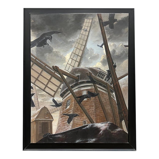 Large Dutch Windmill Oil Painting With Crows Signed Valentin 1987 For Sale