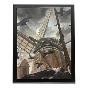 Large Dutch Windmill Oil Painting With Crows Signed Valentin 1987