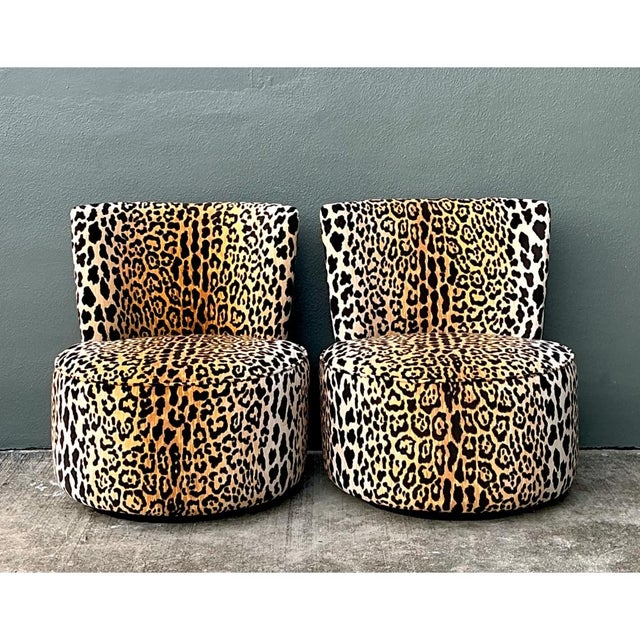 Wood Vintage Leopard Velvet Swivel Chairs For Sale - Image 7 of 12
