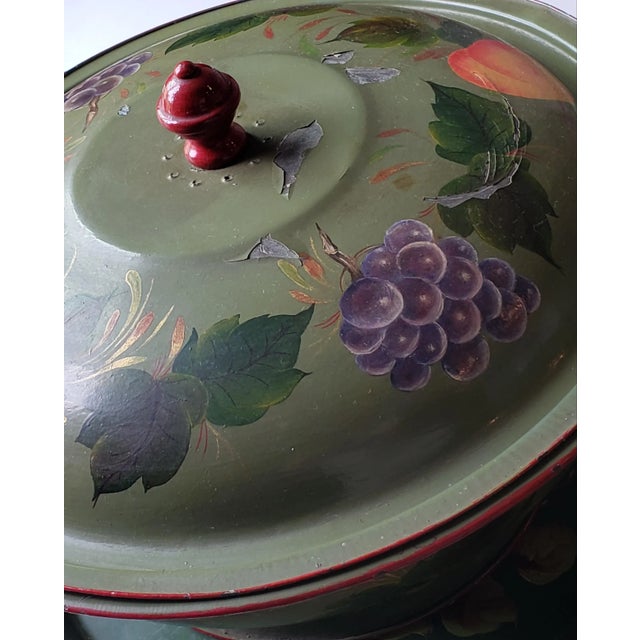 Mid-Century Modern Vintage Hand Painted Tole Large Bowl, Lid With Wood Handle & Round Tole Toleware Tray For Sale - Image 3 of 9