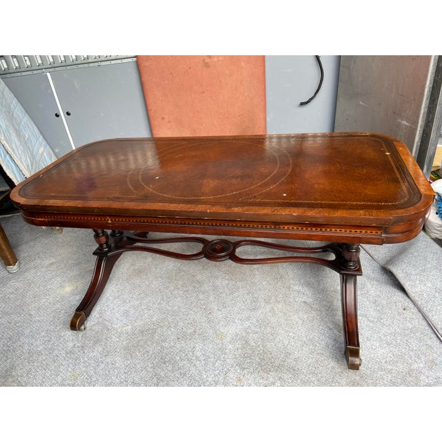 Antique Leather Top Federal Style Mahogany Hollywood Regency Coffee Table For Sale - Image 12 of 12