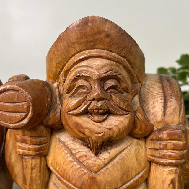 Mid-Century Modern Wooden Ebisu and Daikoku Deity Statues on Base, Japan, 1950 For Sale - Image 3 of 12