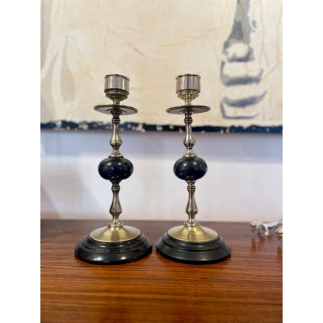 Metal Black Marble and Brass Candlesticks, 1890s, Set of 2 For Sale - Image 7 of 7