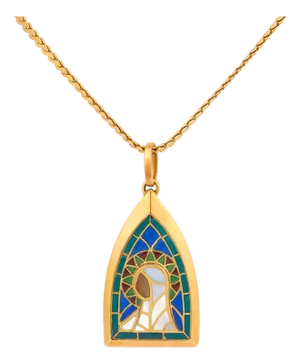 French Vintage Virgin Mary Plique-À-Jour Enamel Yellow Gold Pendant Necklace