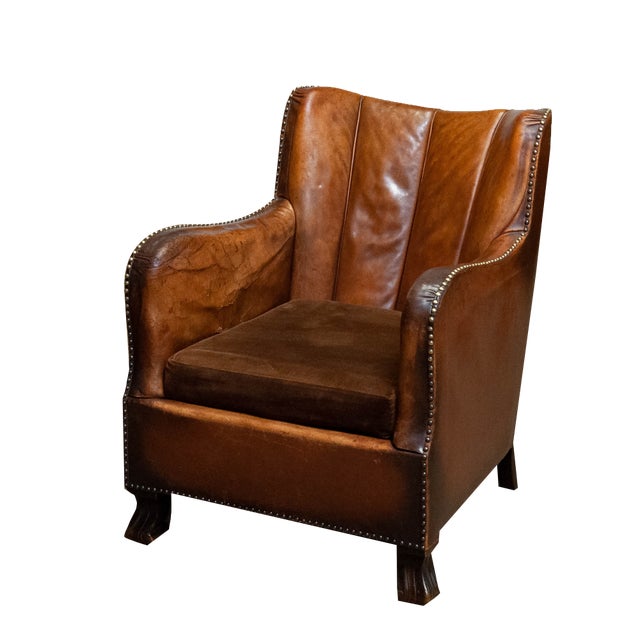 Club Chair in Tan Brown Patinated Leather in the style of Fritz Hansen, 1930s For Sale