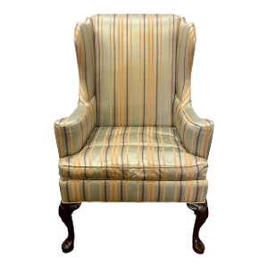 Vintage Hickory Chair Traditional Chippendale Style Striped Silk Wingback Chair