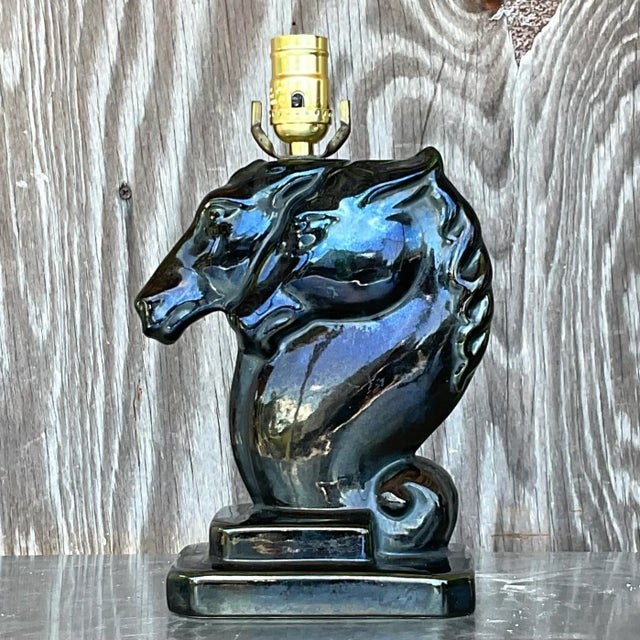 Boho Chic Vintage Blue Glazed Double Horse Head Lamp For Sale - Image 3 of 13