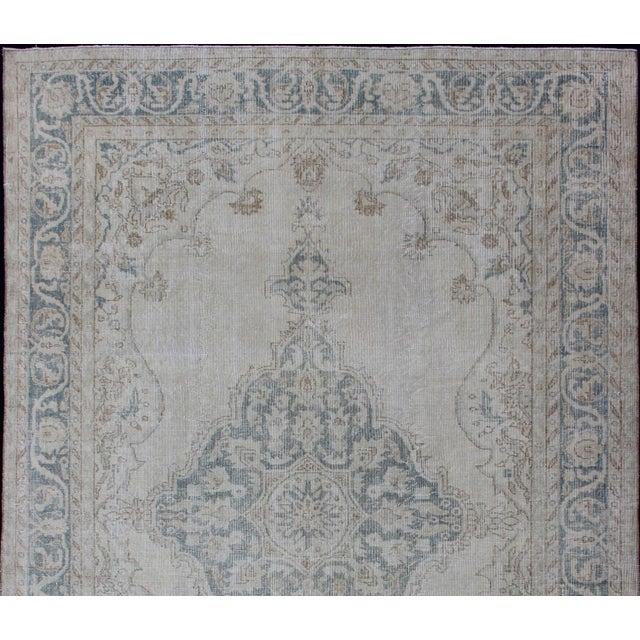 Cream Medallion Distressed Oushak Turkey in Cream, Blue Tones, Brown and Teal Blue For Sale - Image 8 of 15