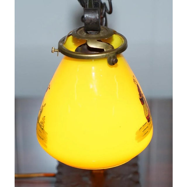 Gold Bronze Bird & Wrought Iron Table Lamp with Painted Glass Shade, 1930s For Sale - Image 8 of 15