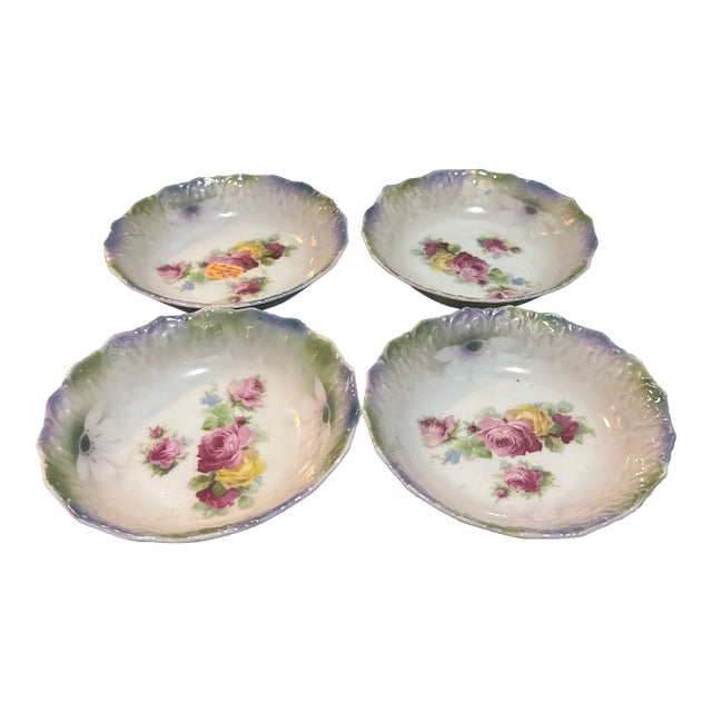 Antique German Porcelain Berry Bowls - Set of 4 - Hand Painted Pink & Yellow Roses - Iridescent Lusterware Scalloped Edge For Sale
