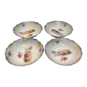 Antique German Porcelain Berry Bowls - Set of 4 - Hand Painted Pink & Yellow Roses - Iridescent Lusterware Scalloped Edge