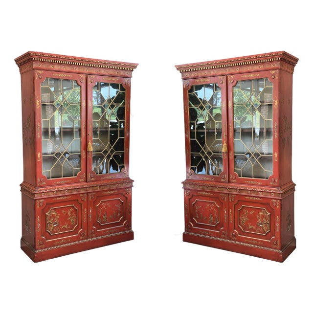 Mid-20th Century Scarlet Chinoiserie Bookcase Cabinets For Sale