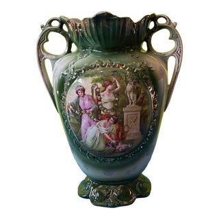 Antique Green Grecian Maidens Cherub Pictorial Ceramic Vase For Sale